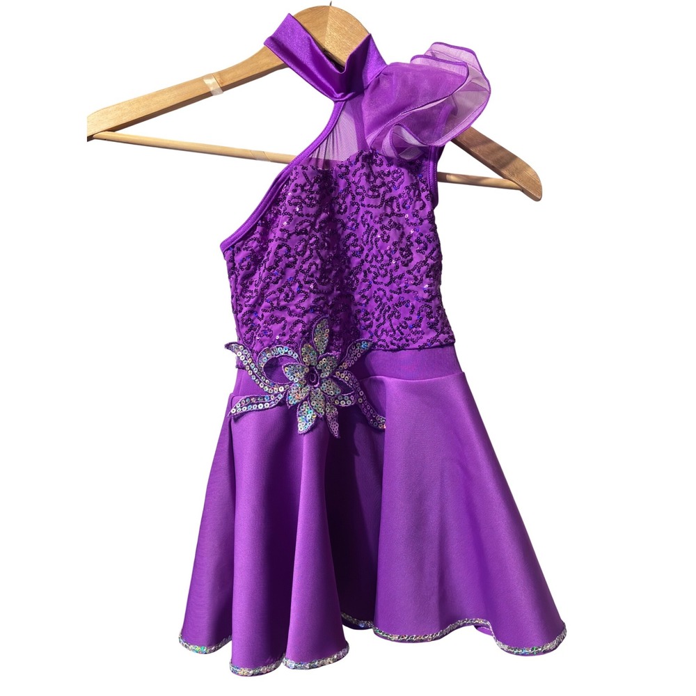 Weissman Sequin Dance Costume Kids SC Purple Excellent One Shoulder Ruffle Dress